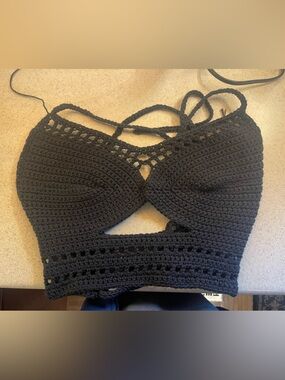 Handmade Black Cotton Crochet Bralette Top